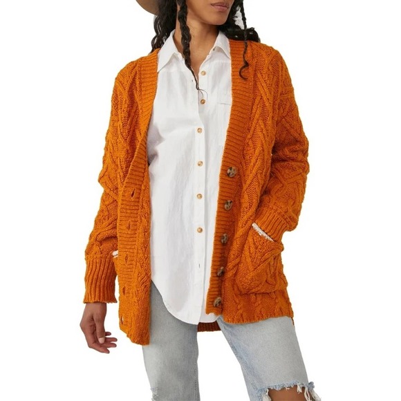 Free People Montana Cable Knit button front w/ pockets burnt orange Cardigan szS - Picture 3 of 14